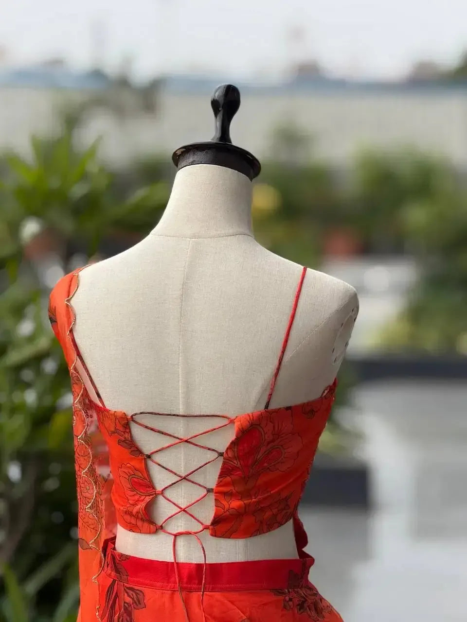 Organza Digital Print Lehenga Set with Embroidered Corset Blouse, Dupatta & Designer Batwa