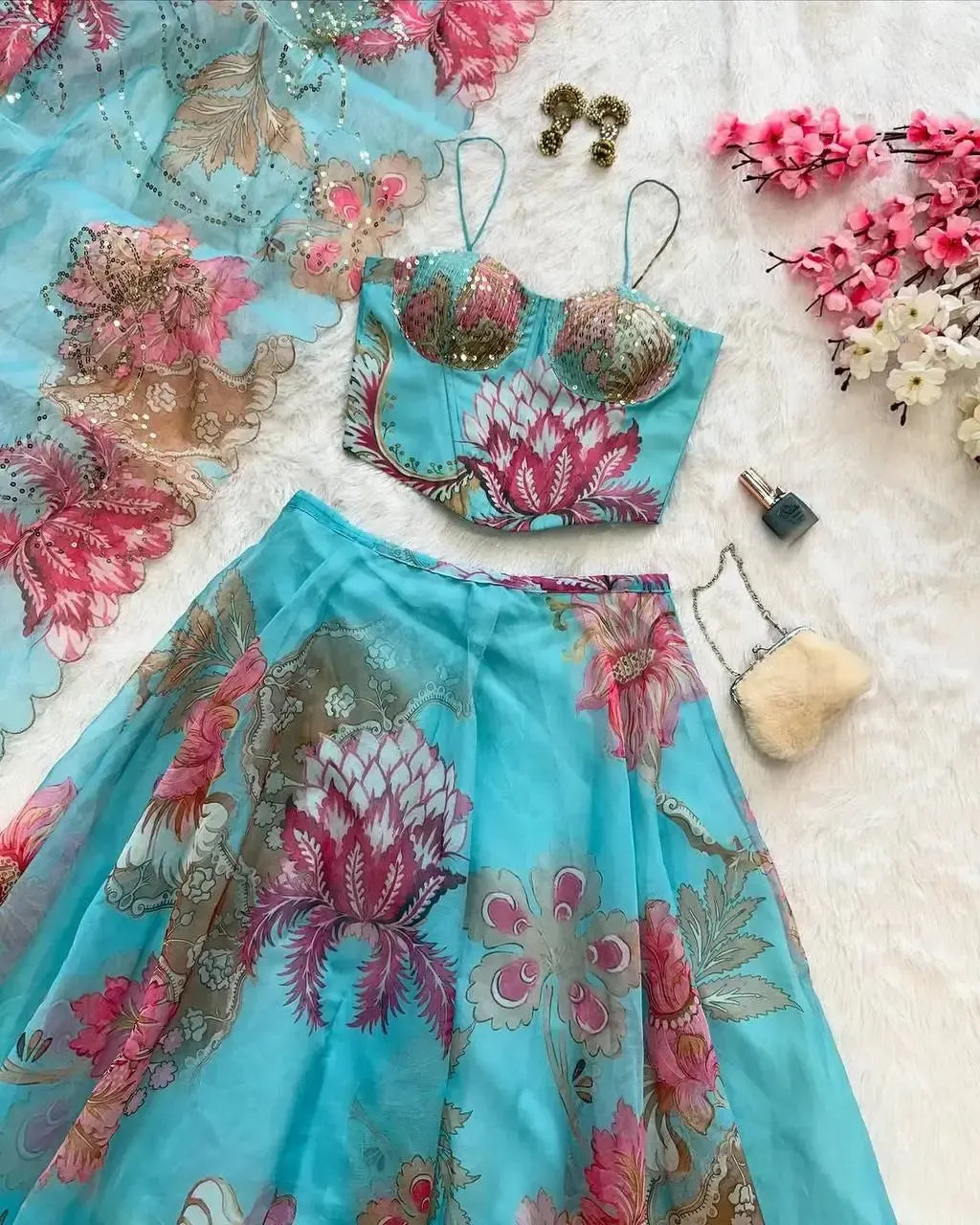 Organza Digital Print Lehenga Set with Embroidered Corset Blouse, Dupatta & Designer Batwa