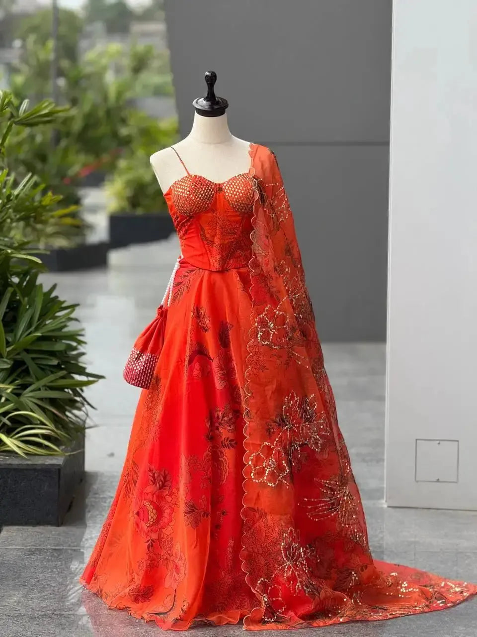 Organza Digital Print Lehenga Set with Embroidered Corset Blouse, Dupatta & Designer Batwa
