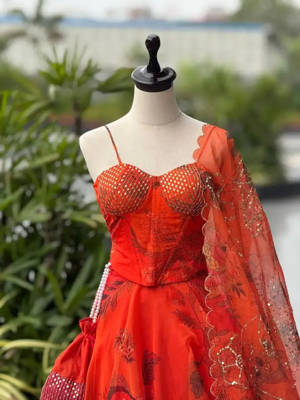 Organza Digital Print Lehenga Set with Embroidered Corset Blouse, Dupatta & Designer Batwa