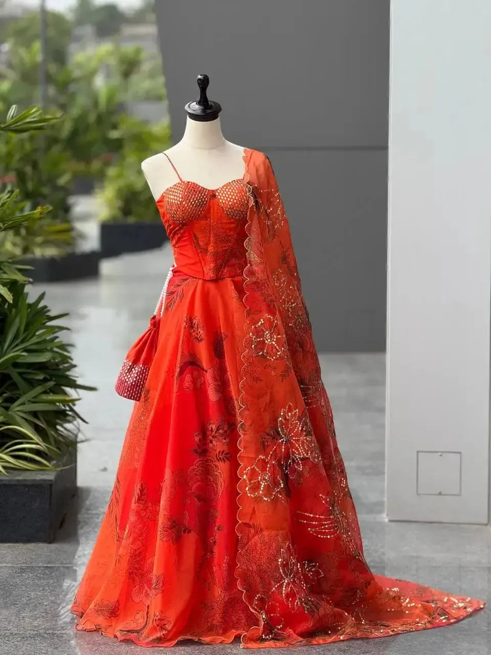 Organza Digital Print Lehenga Set with Embroidered Corset Blouse, Dupatta & Designer Batwa