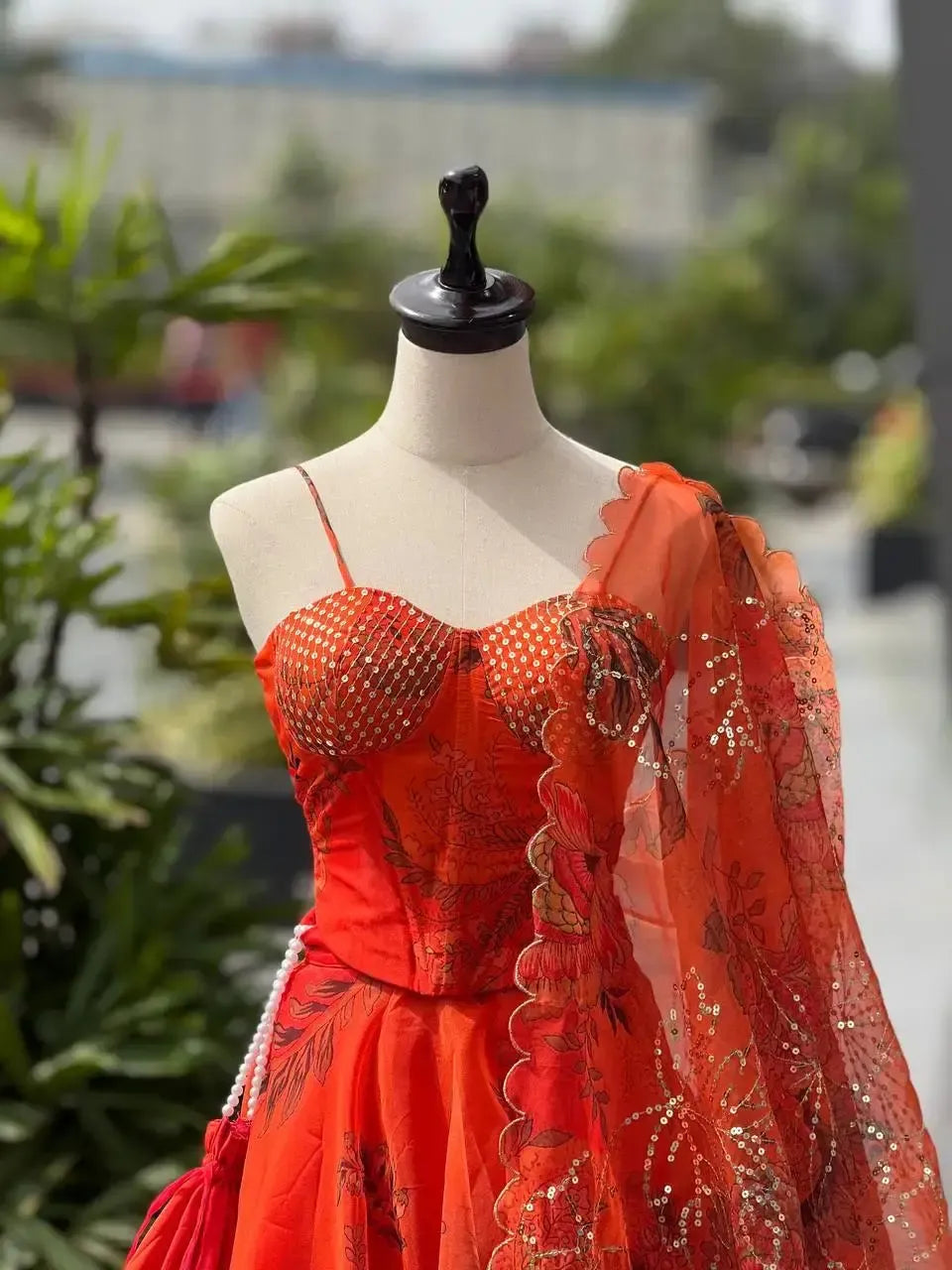Organza Digital Print Lehenga Set with Embroidered Corset Blouse, Dupatta & Designer Batwa