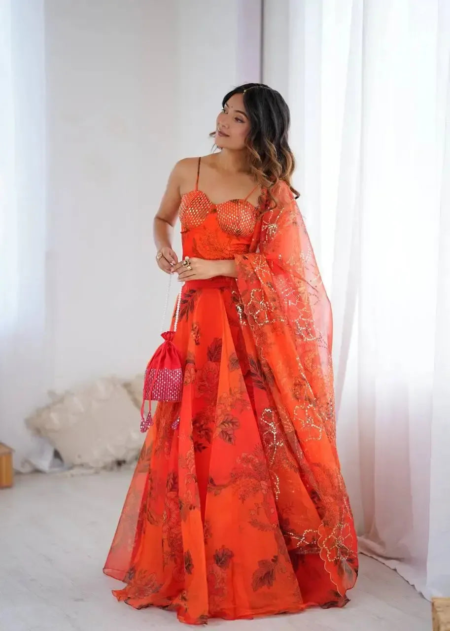 Organza Digital Print Lehenga Set with Embroidered Corset Blouse, Dupatta & Designer Batwa