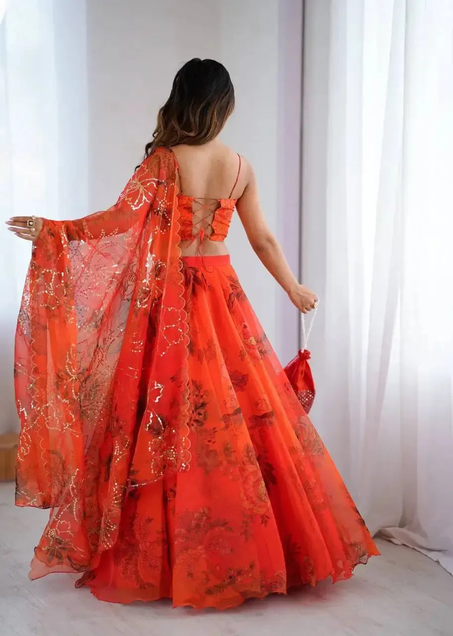 Organza Digital Print Lehenga Set with Embroidered Corset Blouse, Dupatta & Designer Batwa