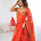 Organza Digital Print Lehenga Set with Embroidered Corset Blouse, Dupatta & Designer Batwa