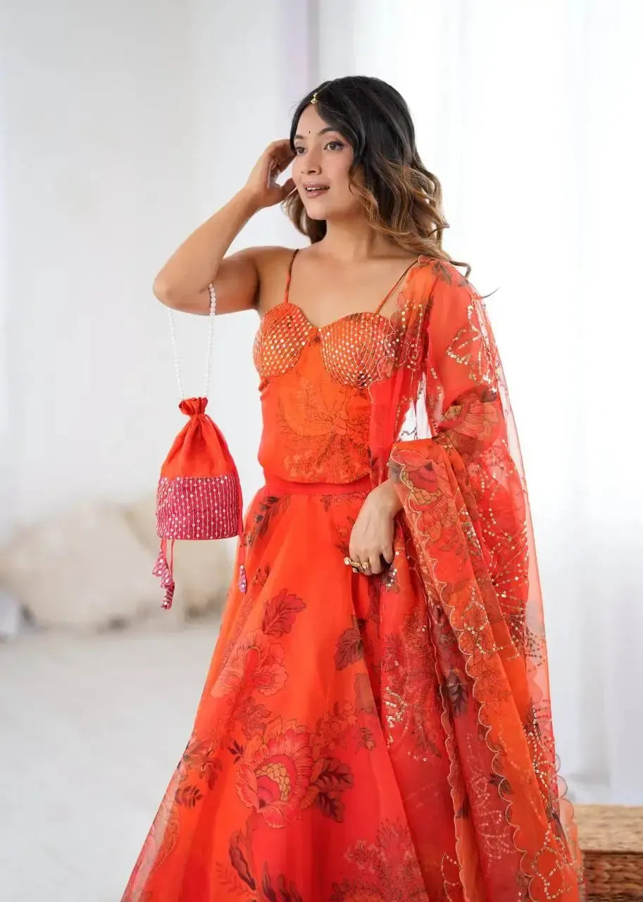 Organza Digital Print Lehenga Set with Embroidered Corset Blouse, Dupatta & Designer Batwa