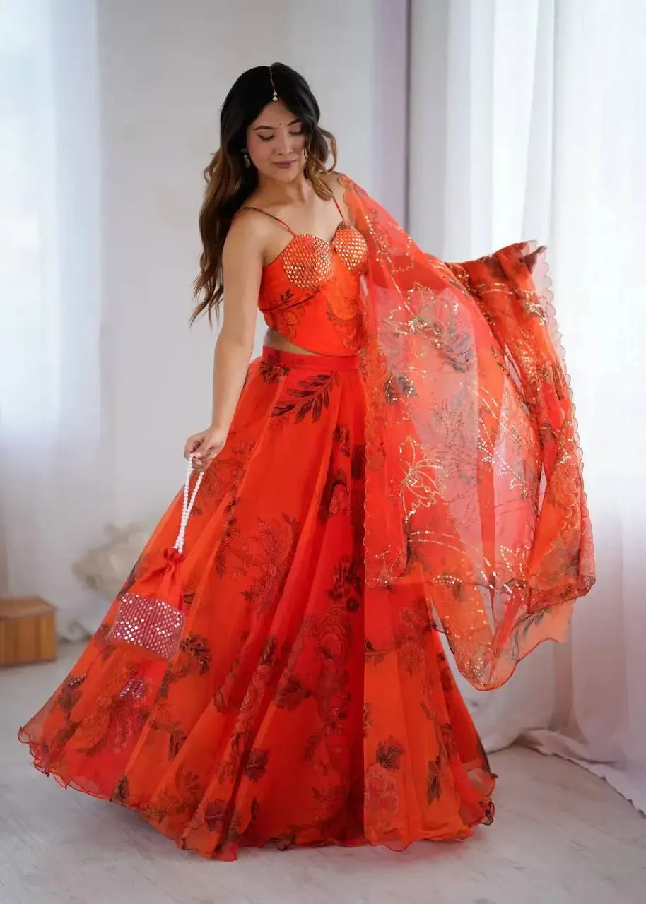 Organza Digital Print Lehenga Set with Embroidered Corset Blouse, Dupatta & Designer Batwa