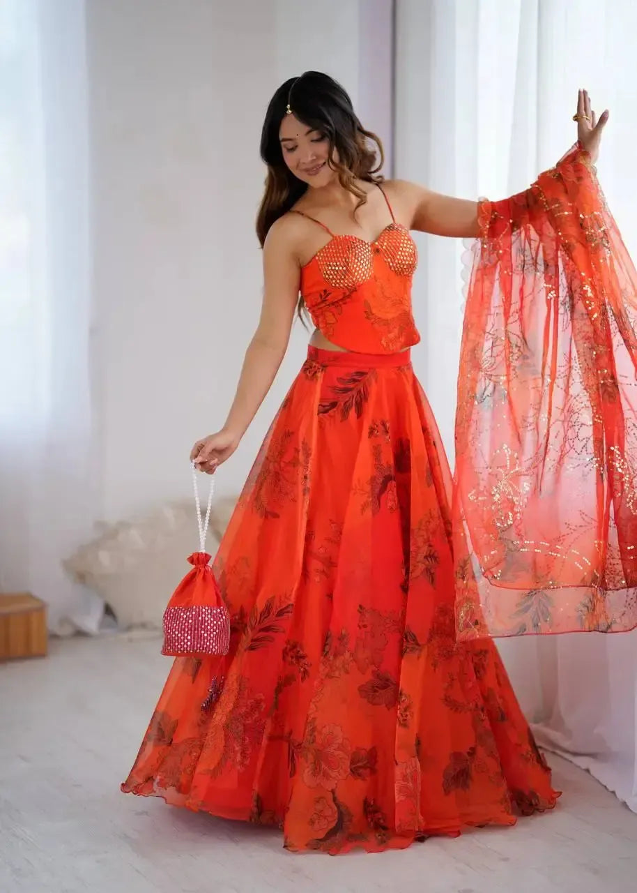 Organza Digital Print Lehenga Set with Embroidered Corset Blouse, Dupatta & Designer Batwa