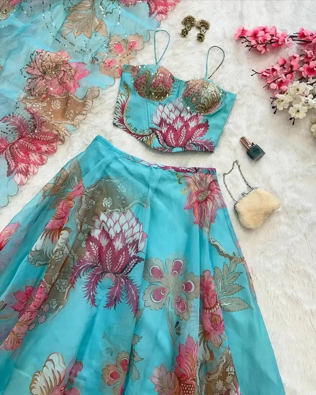 Organza Digital Print Lehenga Set with Embroidered Corset Blouse, Dupatta & Designer Batwa