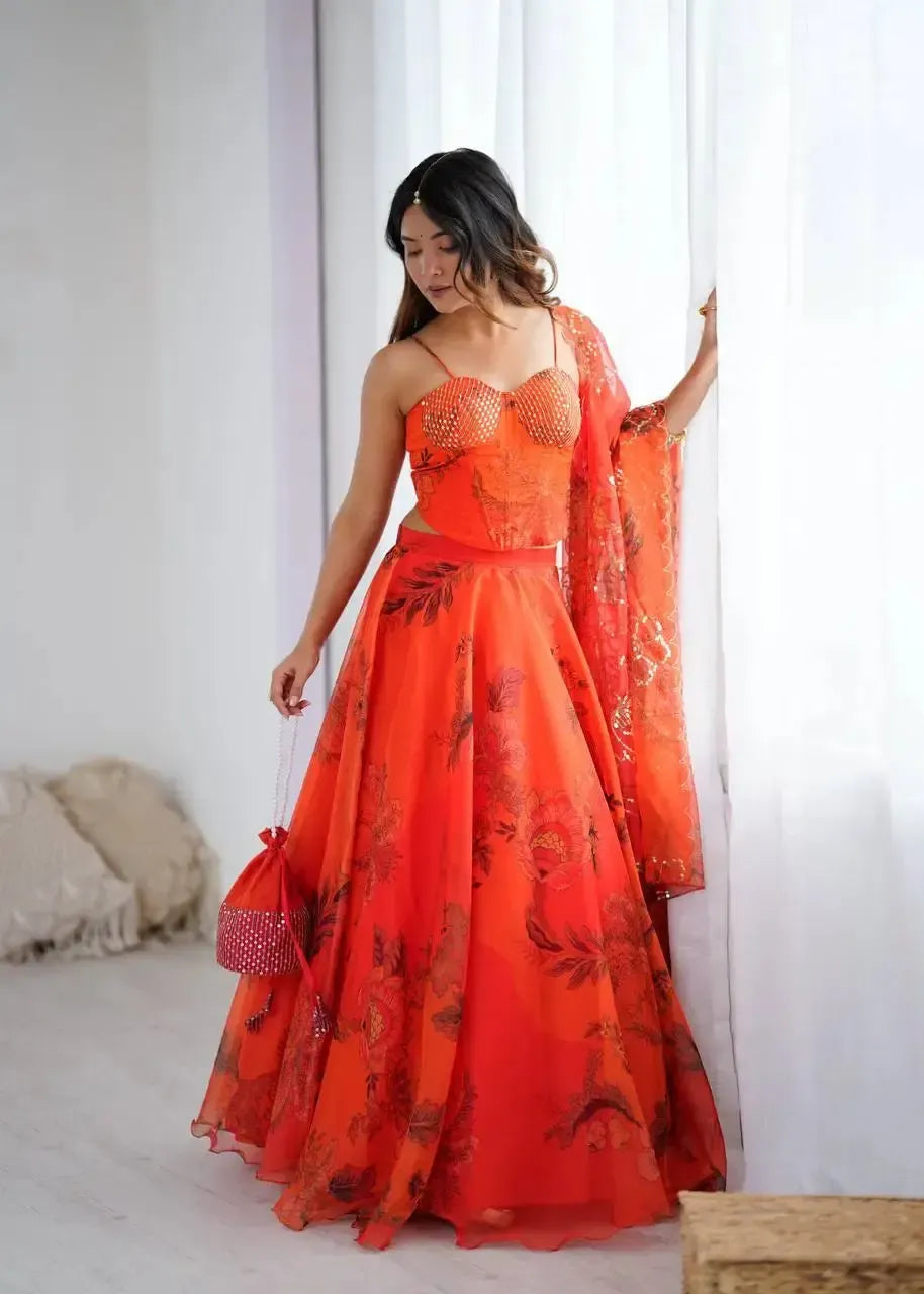 Organza Digital Print Lehenga Set with Embroidered Corset Blouse, Dupatta & Designer Batwa