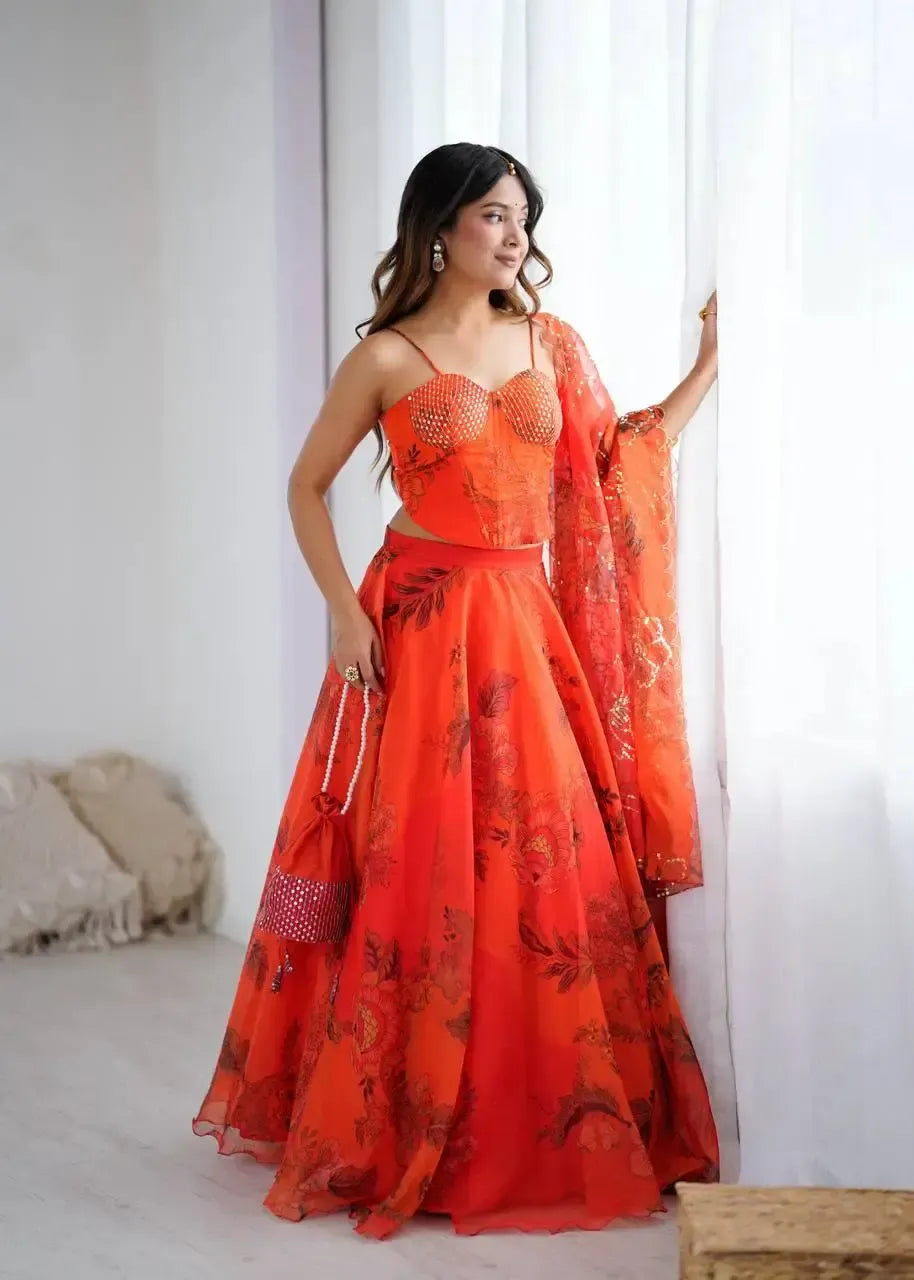Organza Digital Print Lehenga Set with Embroidered Corset Blouse, Dupatta & Designer Batwa