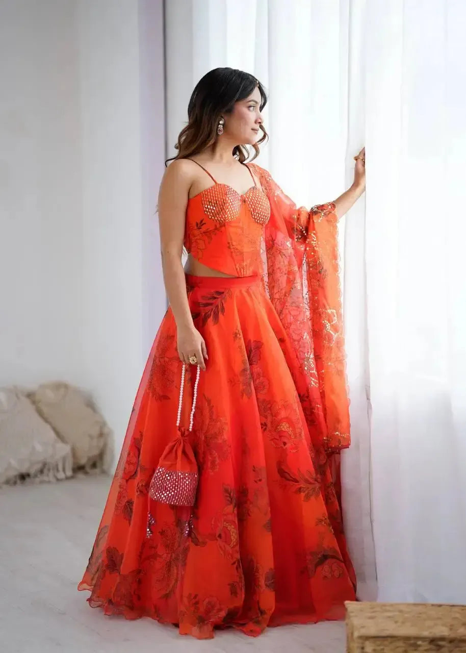 Organza Digital Print Lehenga Set with Embroidered Corset Blouse, Dupatta & Designer Batwa