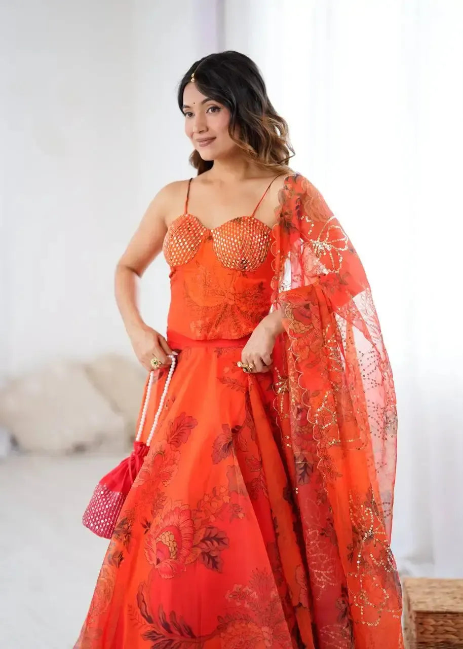 Organza Digital Print Lehenga Set with Embroidered Corset Blouse, Dupatta & Designer Batwa