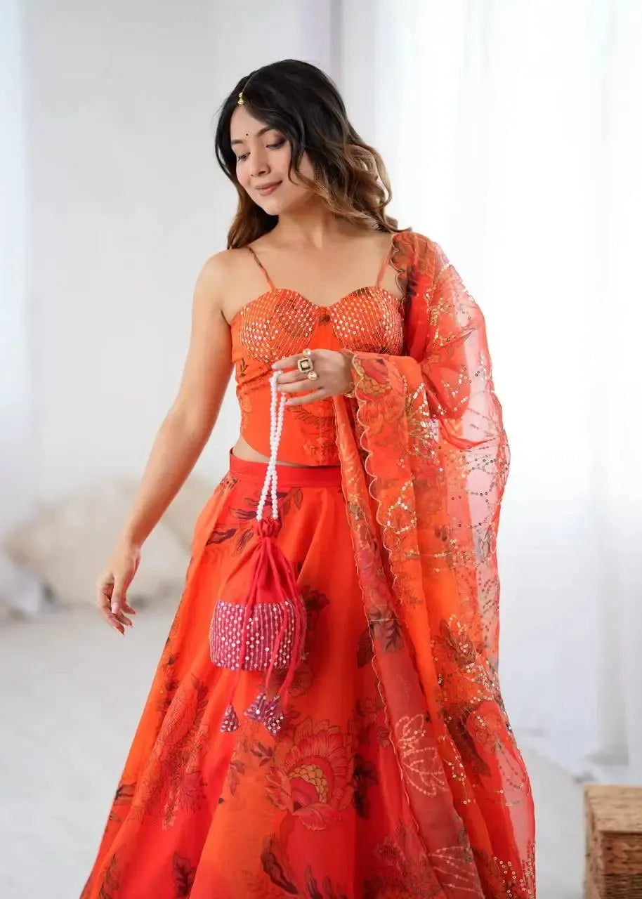 Organza Digital Print Lehenga Set with Embroidered Corset Blouse, Dupatta & Designer Batwa
