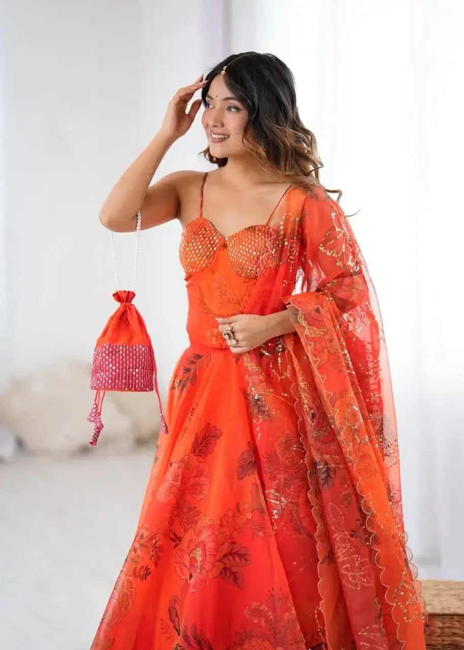 Organza Digital Print Lehenga Set with Embroidered Corset Blouse, Dupatta & Designer Batwa