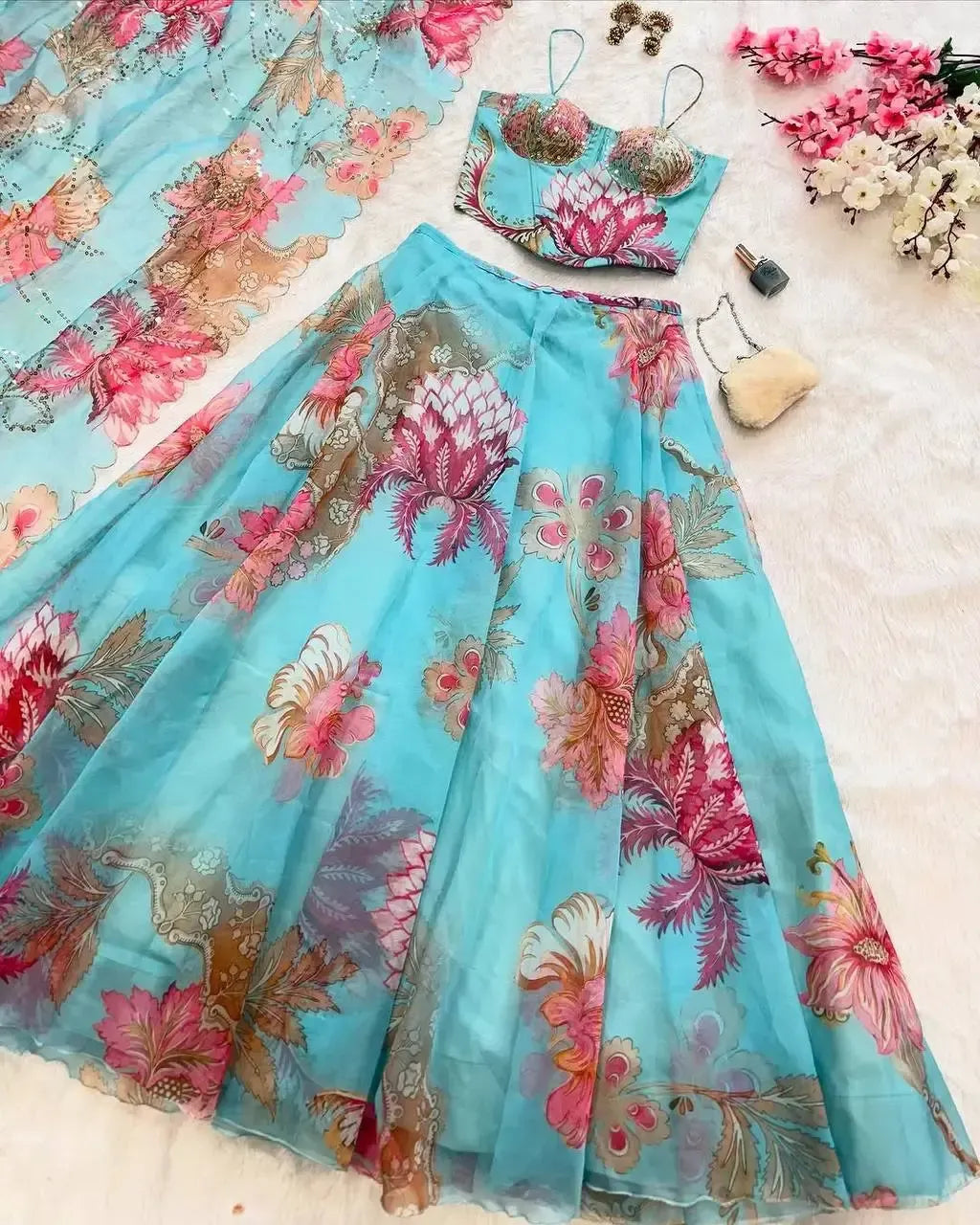 Organza Digital Print Lehenga Set with Embroidered Corset Blouse, Dupatta & Designer Batwa