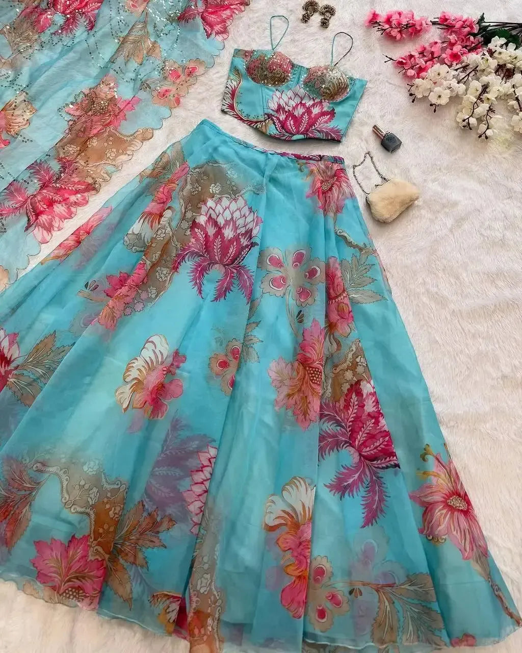 Organza Digital Print Lehenga Set with Embroidered Corset Blouse, Dupatta & Designer Batwa
