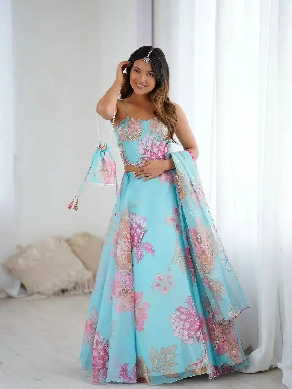Organza Digital Print Lehenga Set with Embroidered Corset Blouse, Dupatta & Designer Batwa
