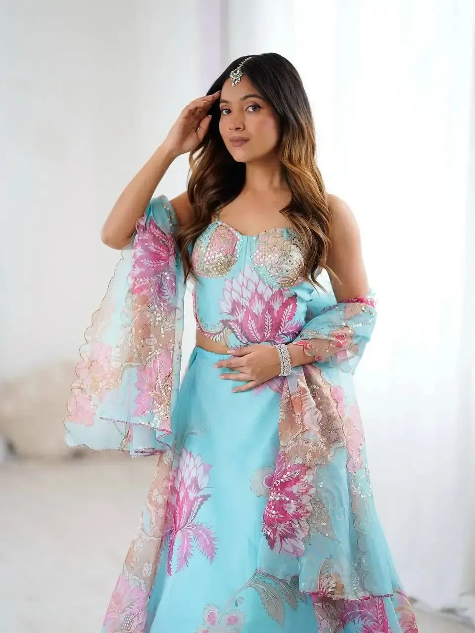 Organza Digital Print Lehenga Set with Embroidered Corset Blouse, Dupatta & Designer Batwa