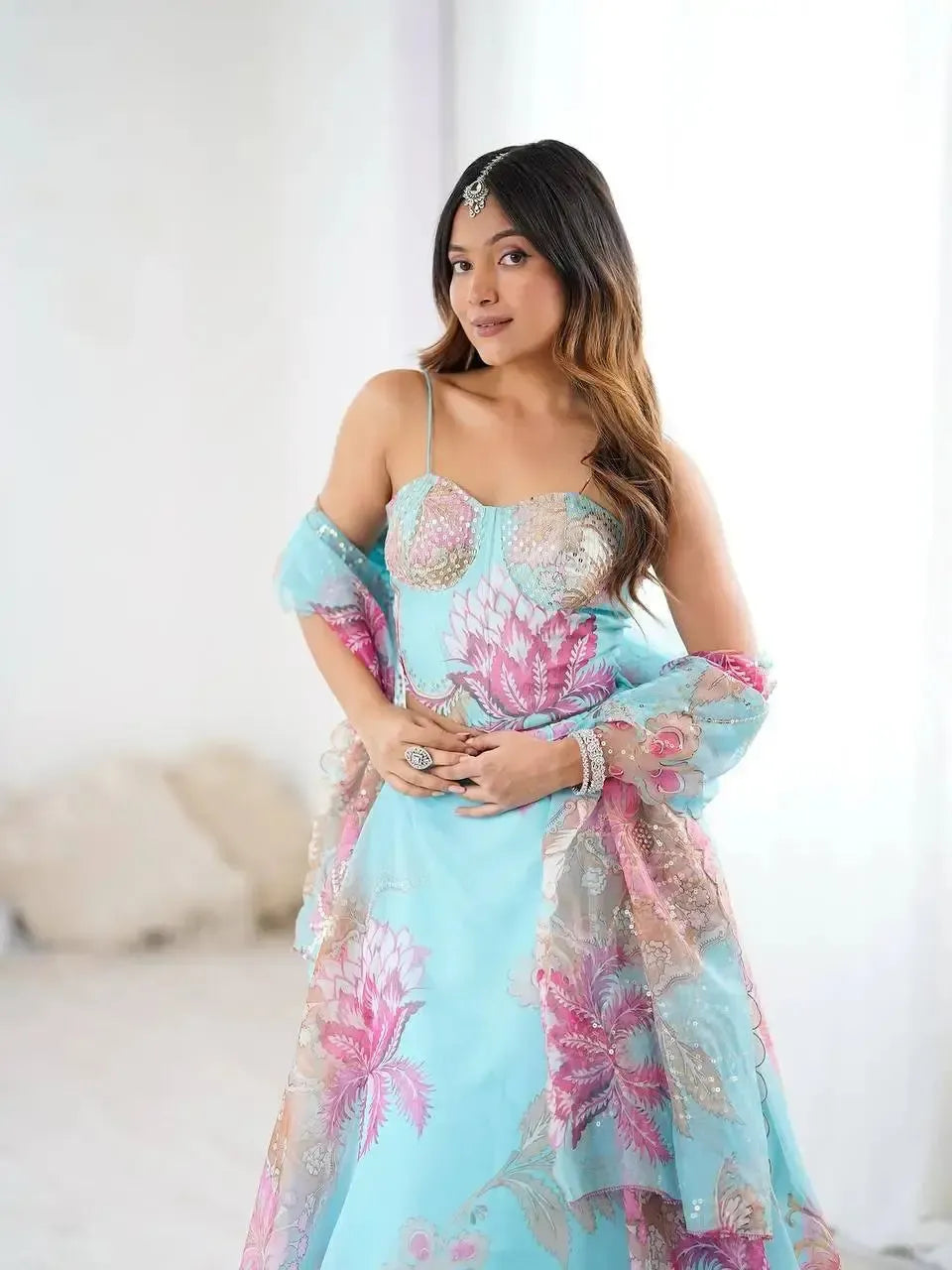 Organza Digital Print Lehenga Set with Embroidered Corset Blouse, Dupatta & Designer Batwa