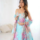 Organza Digital Print Lehenga Set with Embroidered Corset Blouse, Dupatta & Designer Batwa