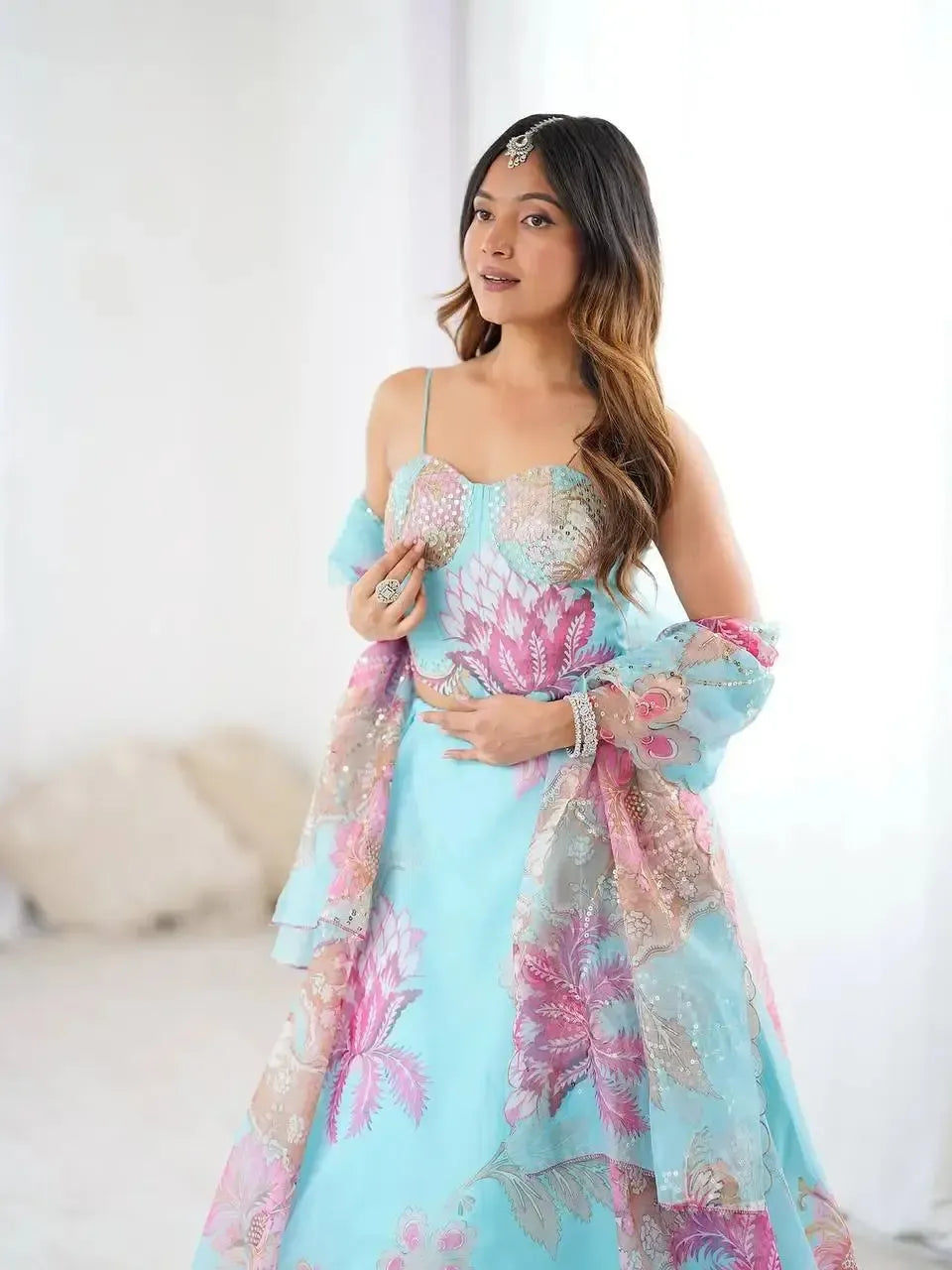 Organza Digital Print Lehenga Set with Embroidered Corset Blouse, Dupatta & Designer Batwa