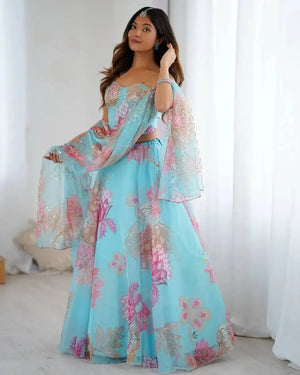 Organza Digital Print Lehenga Set with Embroidered Corset Blouse, Dupatta & Designer Batwa