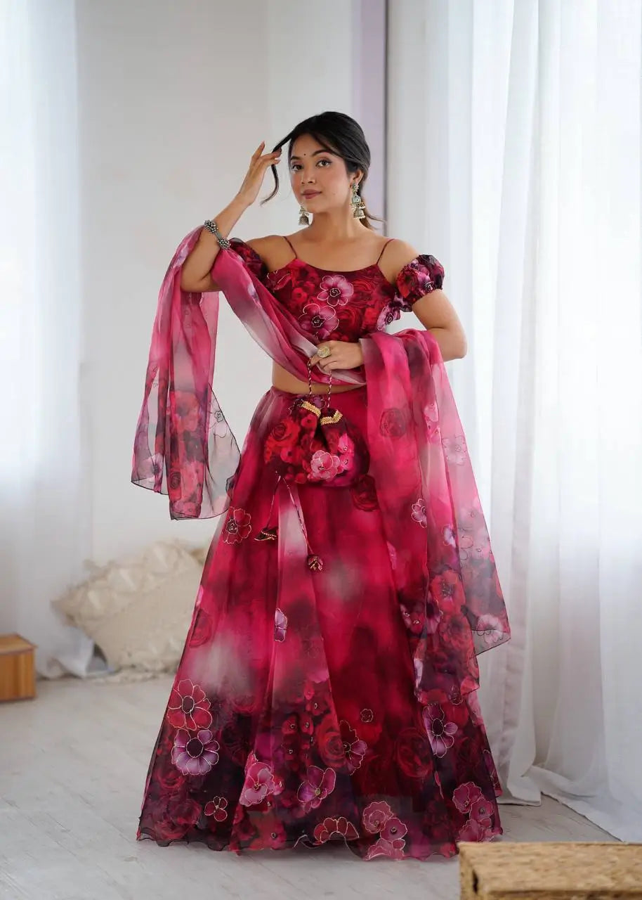 Organza Digital Print Lehenga Set with Zari Work and Batwa Bag
