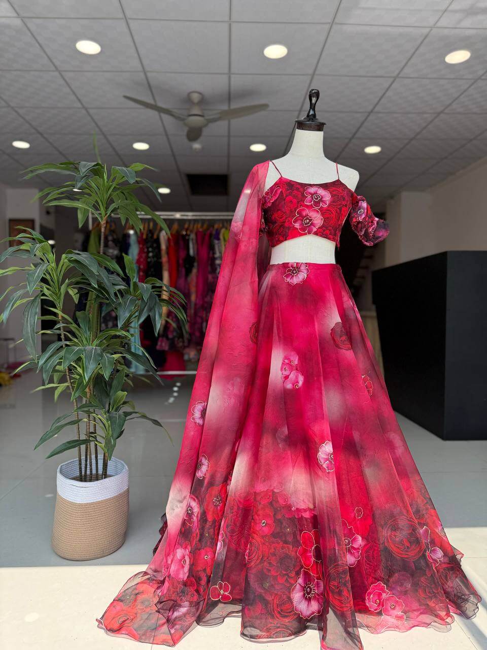 Organza Digital Print Lehenga Set with Zari Work and Batwa Bag