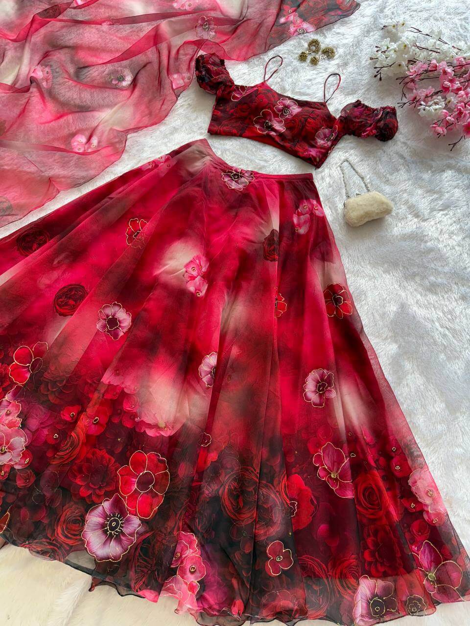 Organza Digital Print Lehenga Set with Zari Work and Batwa Bag