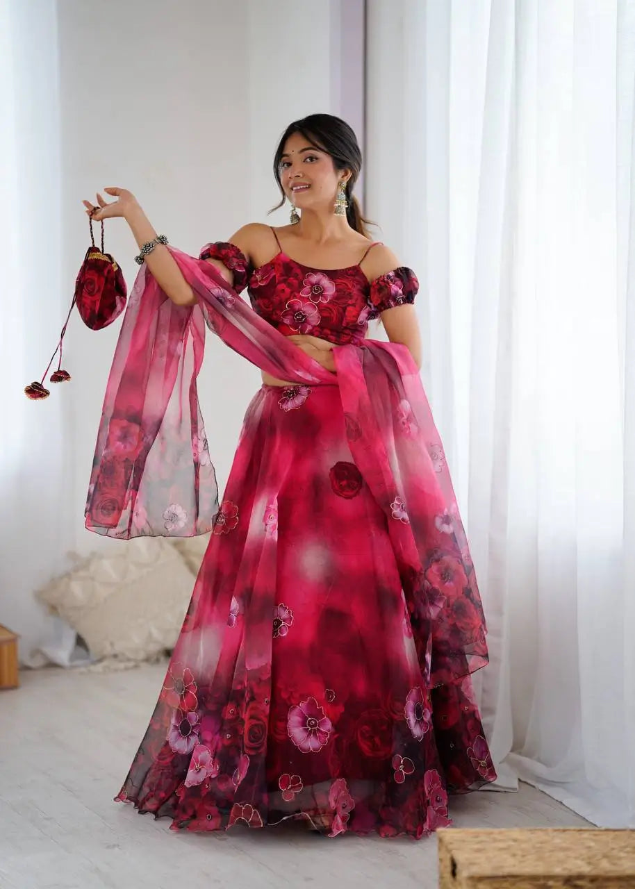 Organza Digital Print Lehenga Set with Zari Work and Batwa Bag
