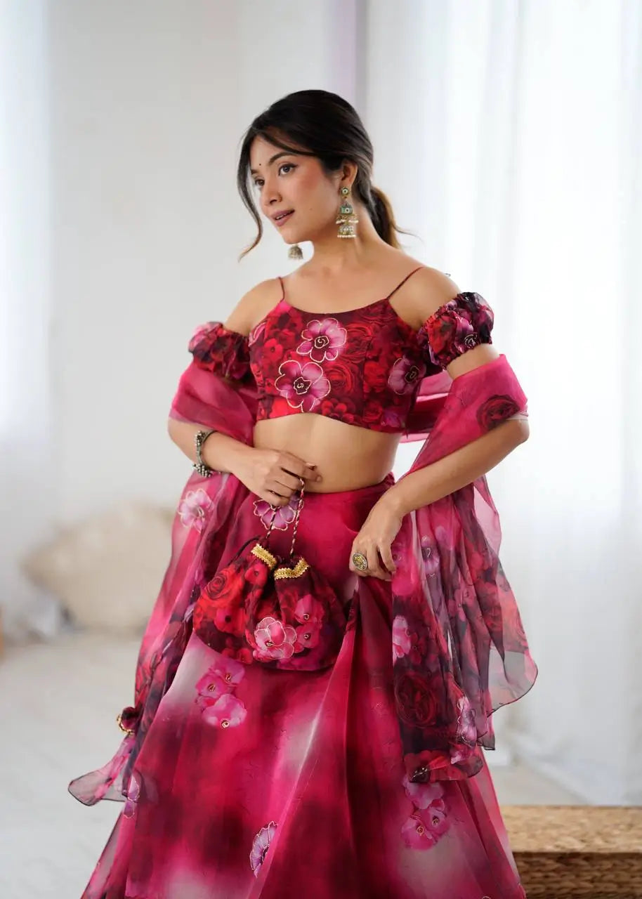 Organza Digital Print Lehenga Set with Zari Work and Batwa Bag