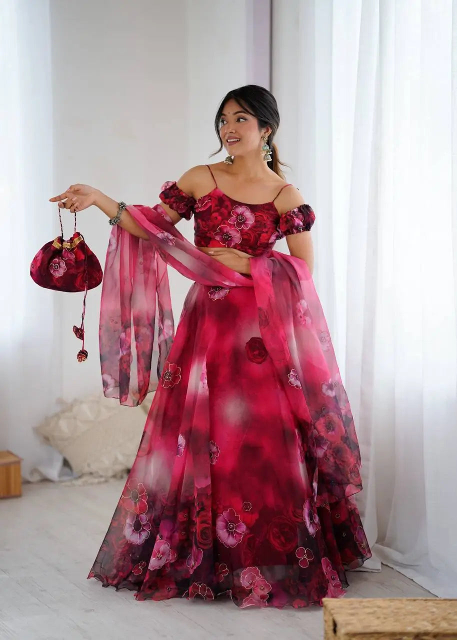 Organza Digital Print Lehenga Set with Zari Work and Batwa Bag