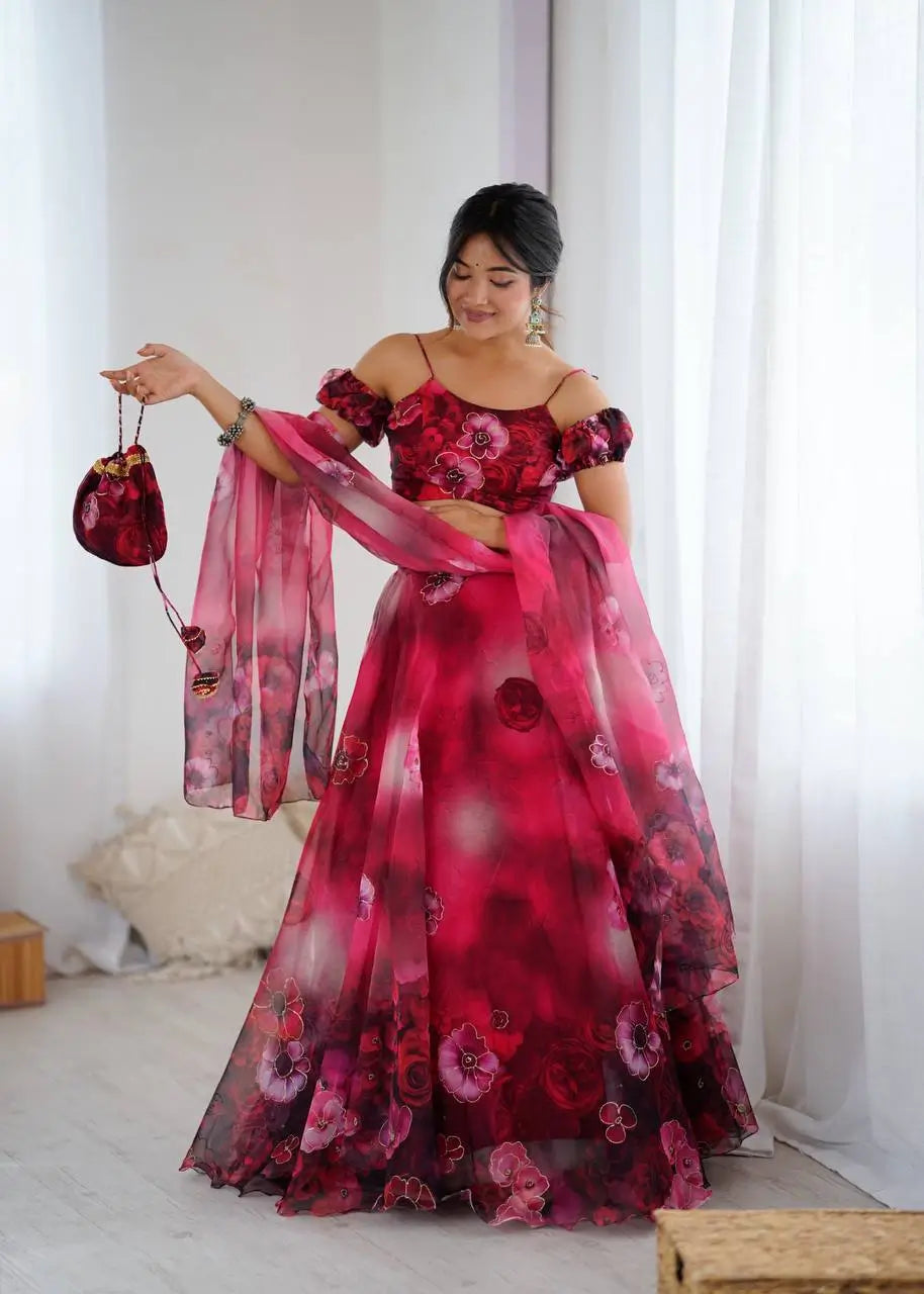Organza Digital Print Lehenga Set with Zari Work and Batwa Bag