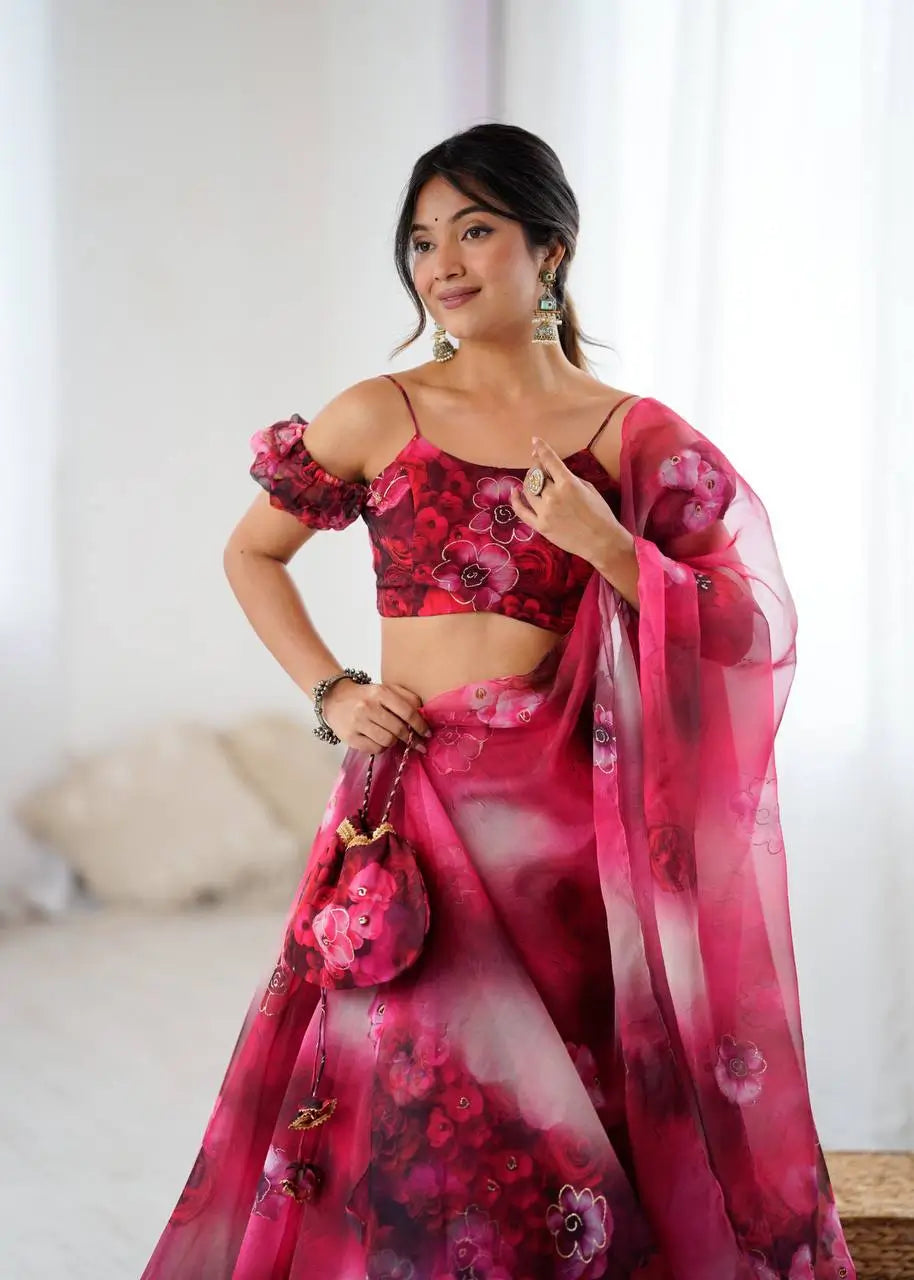 Organza Digital Print Lehenga Set with Zari Work and Batwa Bag