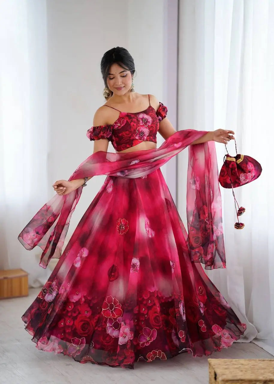 Organza Digital Print Lehenga Set with Zari Work and Batwa Bag