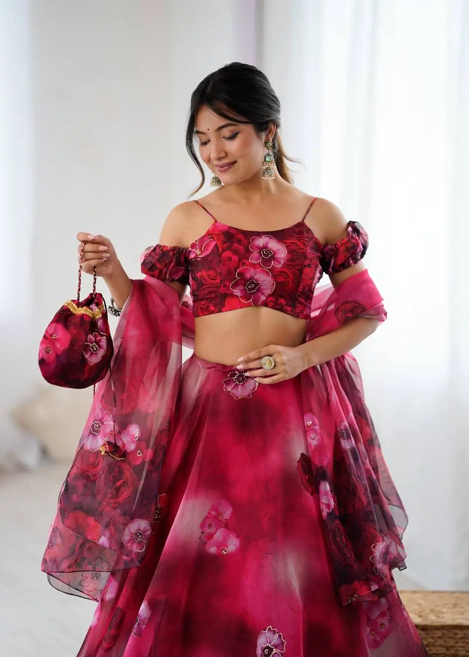 Organza Digital Print Lehenga Set with Zari Work and Batwa Bag