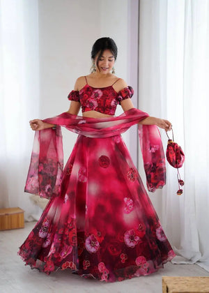 Organza Digital Print Lehenga Set with Zari Work and Batwa Bag