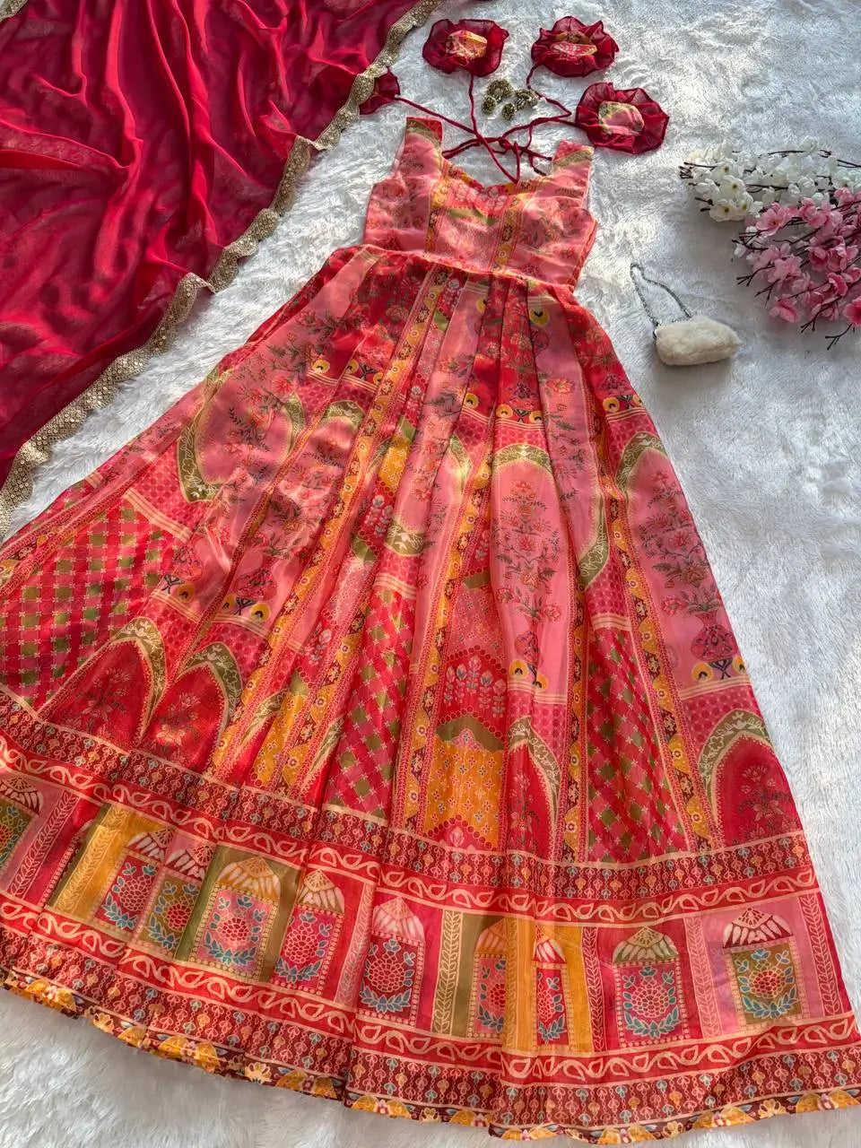 Organza Silk Digital Print Anarkali Gown with Dupatta