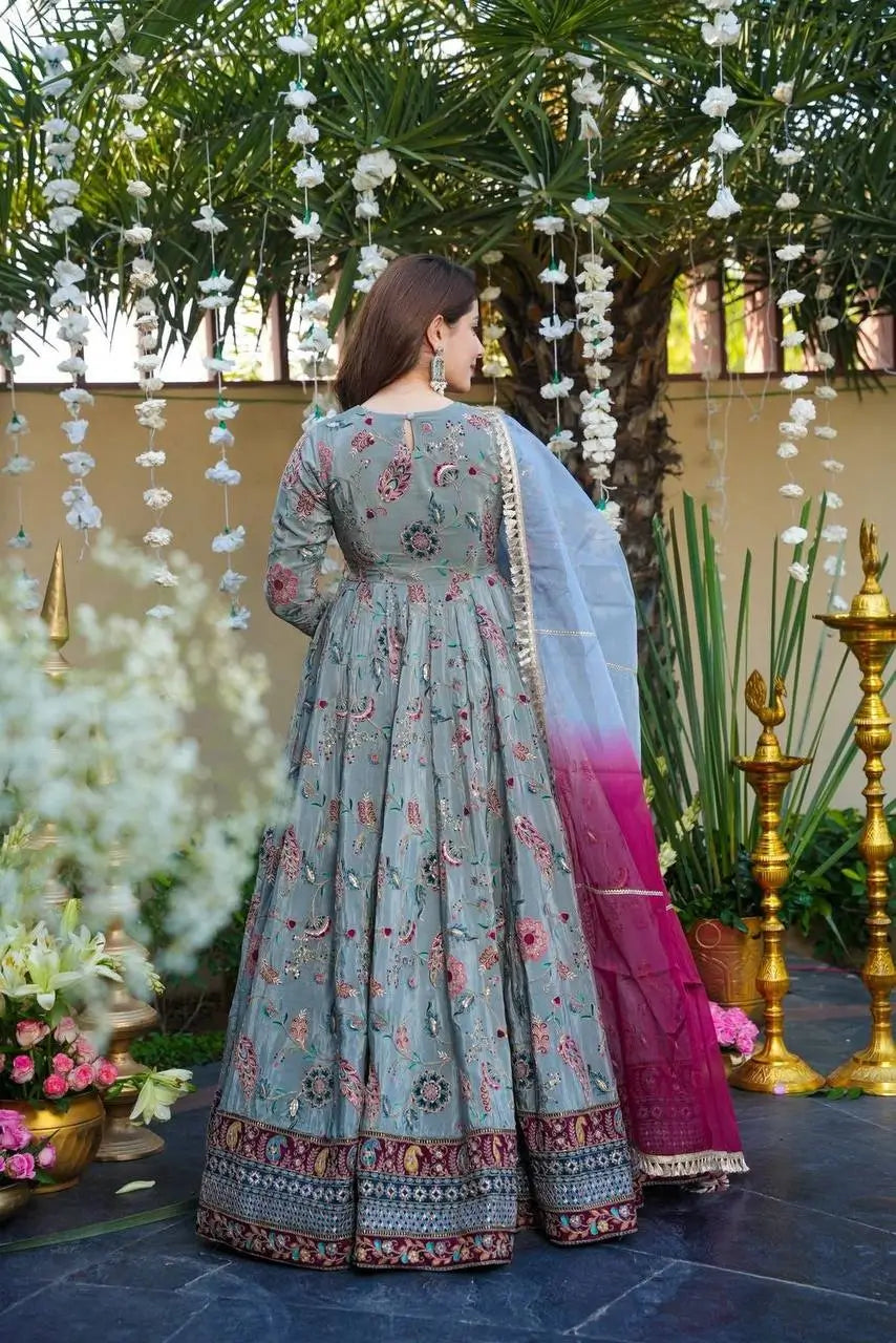 Organza Silk Digital Print Anarkali Gown with Dupatta