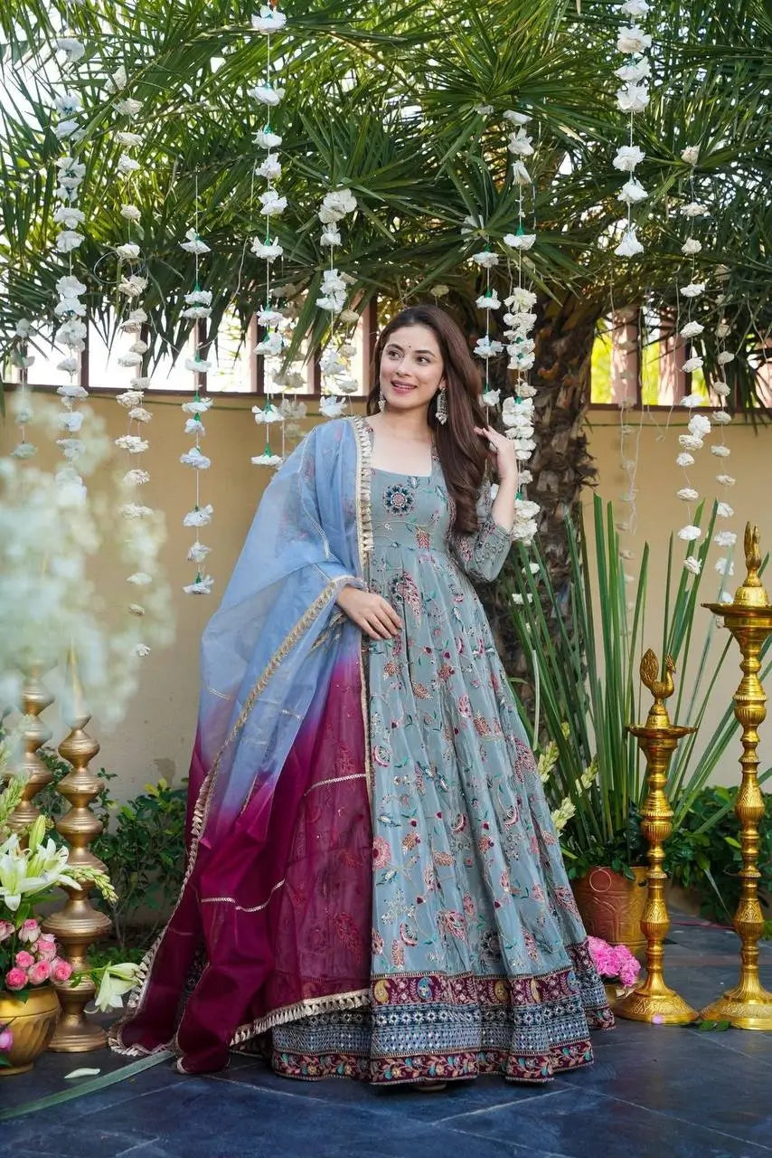 Organza Silk Digital Print Anarkali Gown with Dupatta