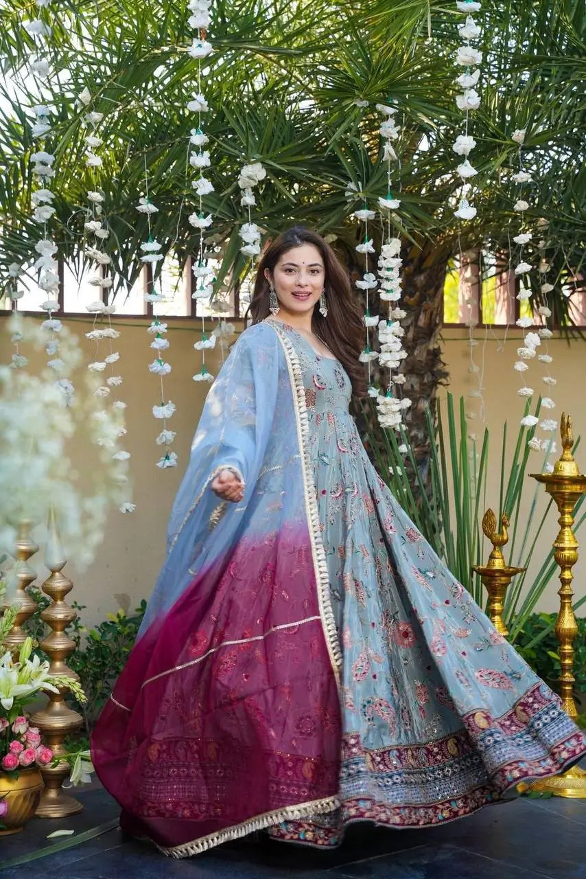 Organza Silk Digital Print Anarkali Gown with Dupatta