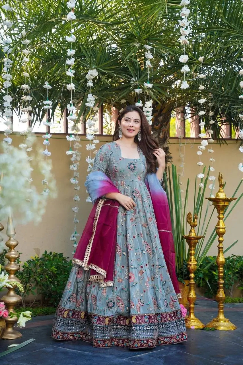 Organza Silk Digital Print Anarkali Gown with Dupatta