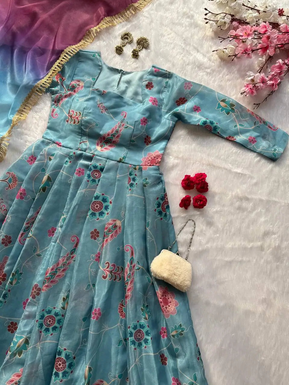 Organza Silk Digital Print Anarkali Gown with Dupatta