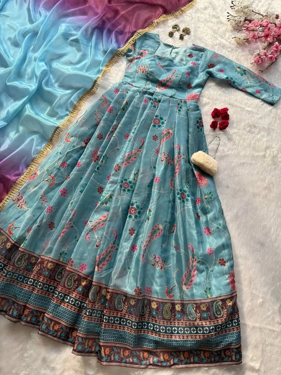 Organza Silk Digital Print Anarkali Gown with Dupatta