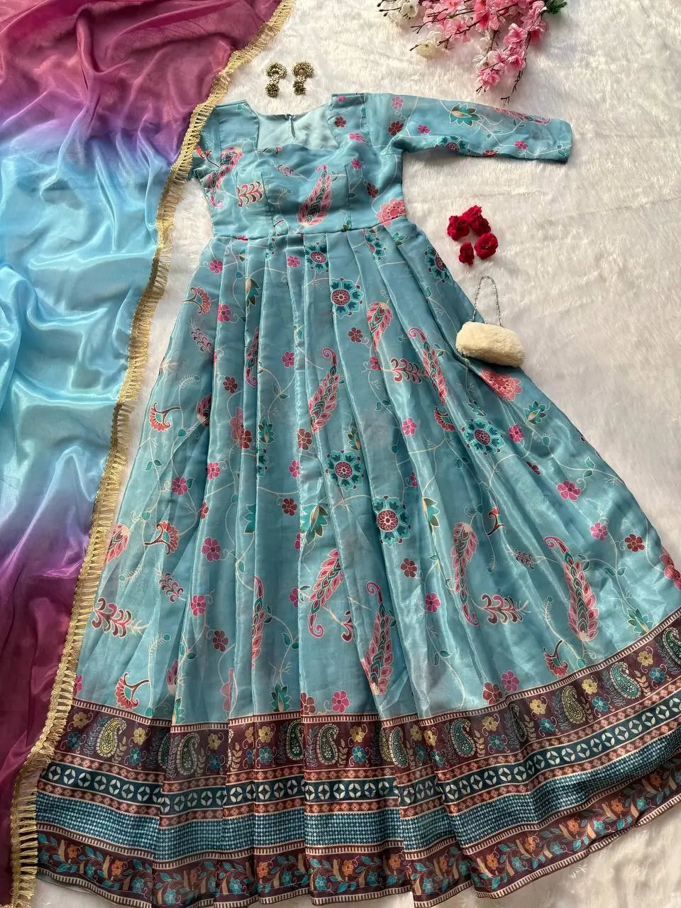 Organza Silk Digital Print Anarkali Gown with Dupatta
