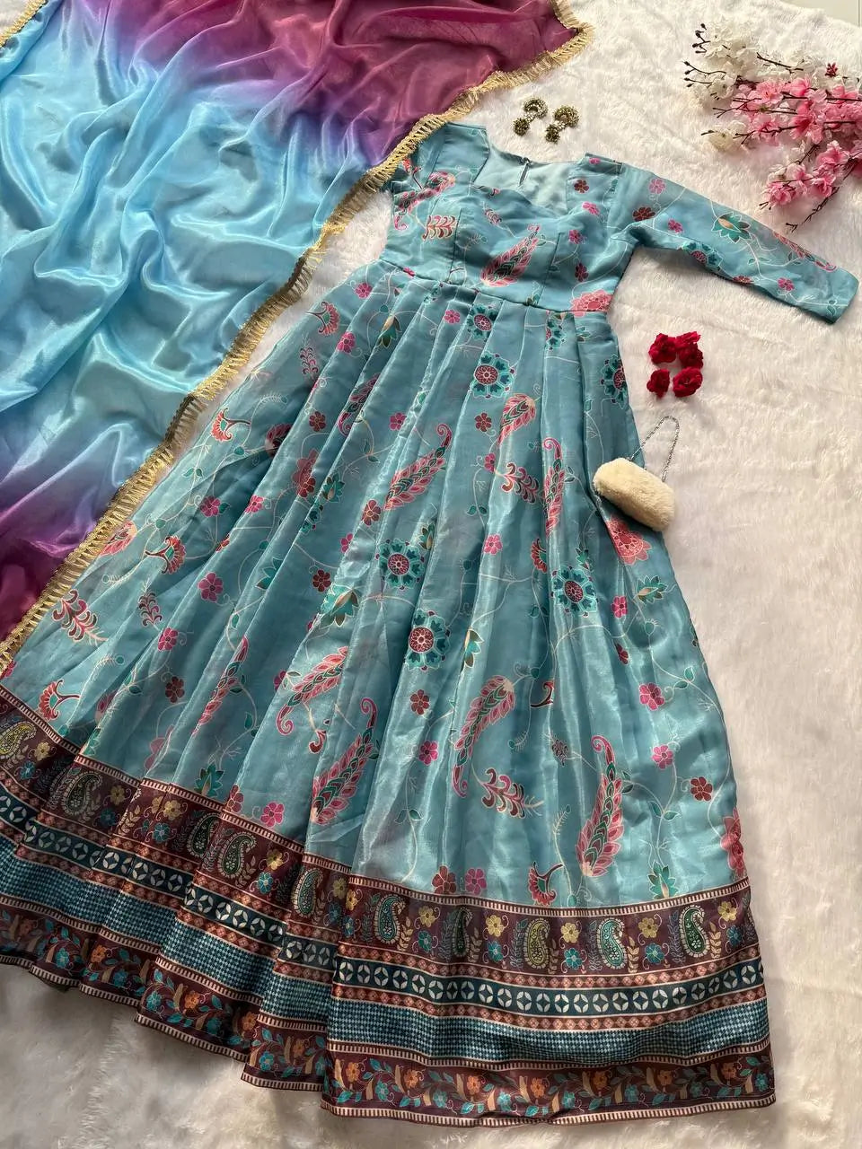 Organza Silk Digital Print Anarkali Gown with Dupatta