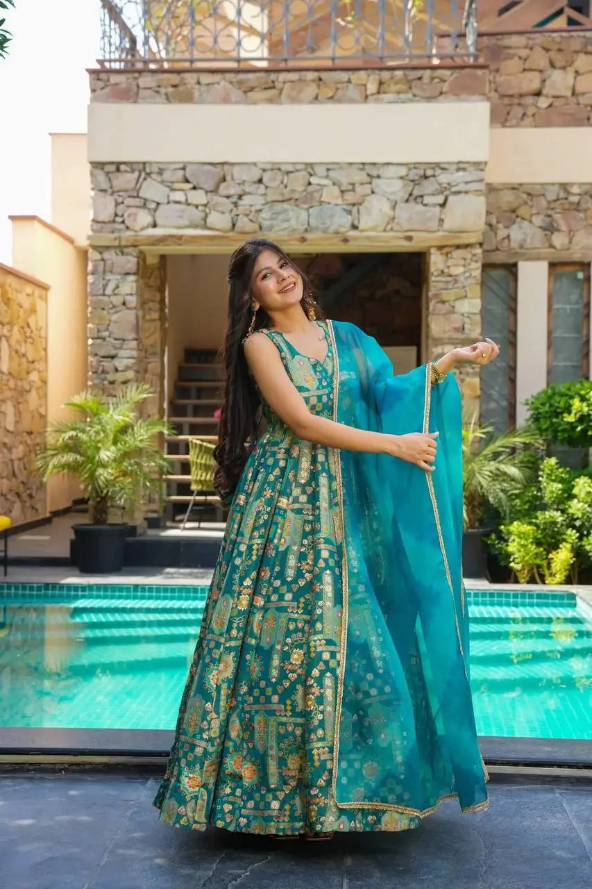 Organza Silk Digital Print Anarkali Gown with Dupatta