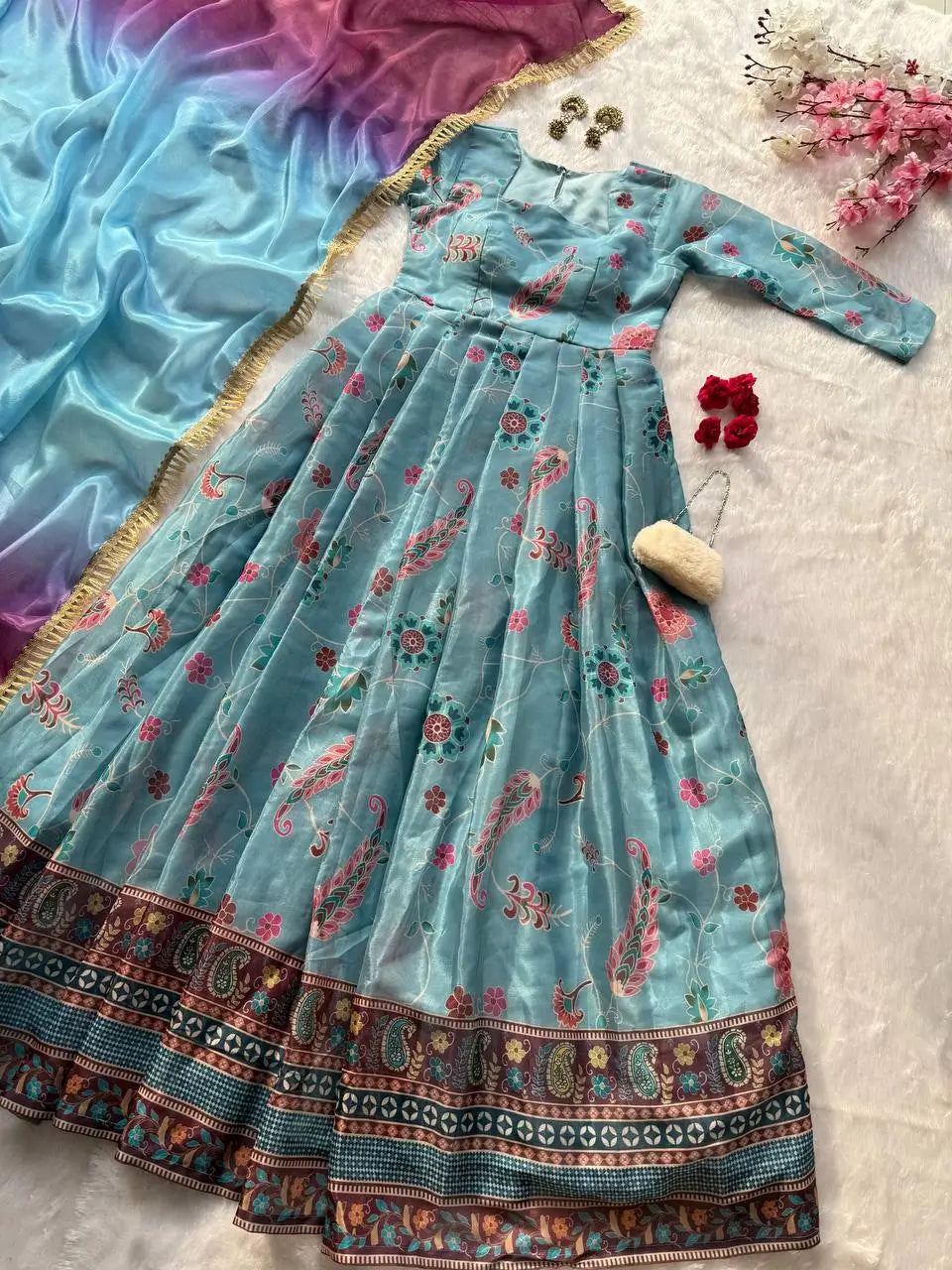 Organza Silk Digital Print Anarkali Gown with Dupatta