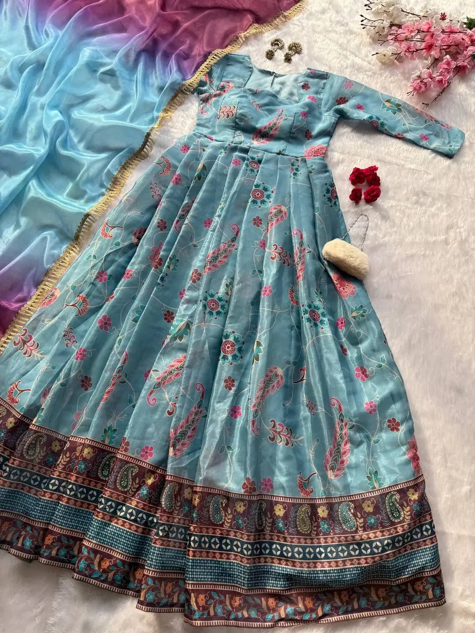 Organza Silk Digital Print Anarkali Gown with Dupatta